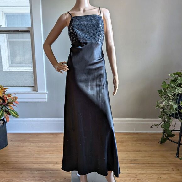 Vintage 90s Y2K Maurices Sequin Prom Gown Black Maxi Dress Strappy Siren Size 7 - Picture 2 of 11
